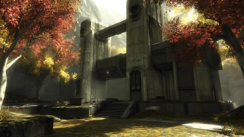 Brutalist concrete outpost anchors misty autumn forest