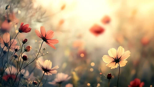 Soft Focus Cosmos Blossoms in Golden Light.