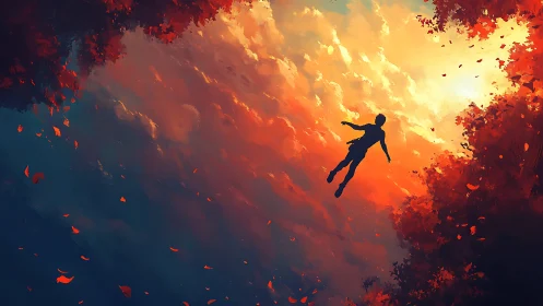 Sky-drifting dreamer slips upward through burning autumn clouds