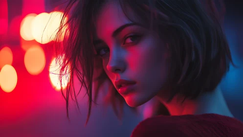 Young woman in red and blue neon side lighting at night.