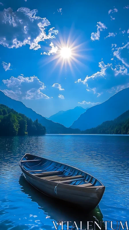 Sunlit wooden boat drifts on tranquil blue mountain lake.