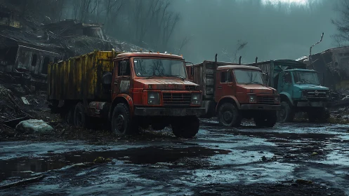 Rust-kissed trucks brood in a fog-drenched industrial graveyard.