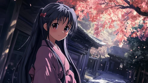 Anime girl in pink kimono under autumn maple trees outdoors.
