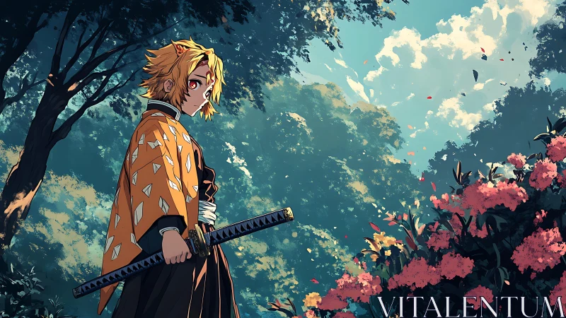 Anime swordsman in patterned haori surveys luminous forest edge