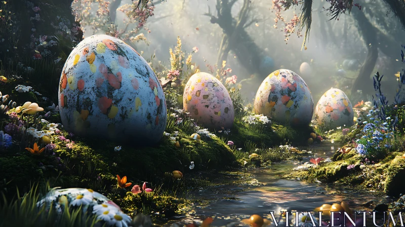 Enchanted forest stream cradles giant speckled spring eggs