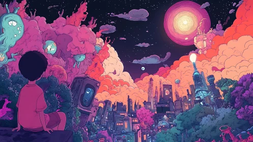 Child observes neon-lit sci fi city under surreal cosmic sky
