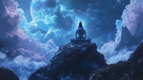 Moonlit yogi rests in calm meditation above glowing clouds
