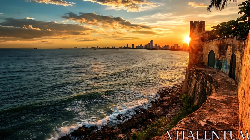 Photorealistic coastal fortress at golden hour horizon study.