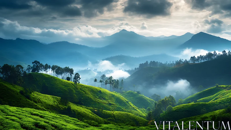 Mist-laced tea hills roll toward layered blue mountain ridges