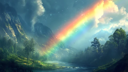 Rainbow riverway under whispering mountains at dawn.