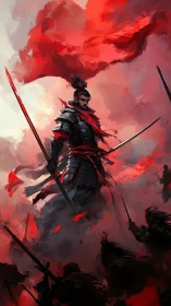 Armored swordsman under red banner leading battlefield scene.