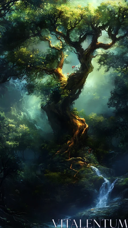 Ancient Tree with Luminous Canopy in Misty Forest Ecosystem