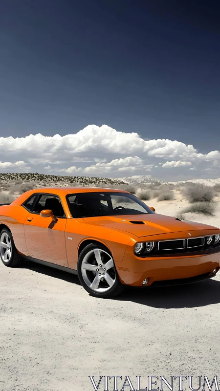 Tangerine muscle prowls sunlit desert under thunderous sky