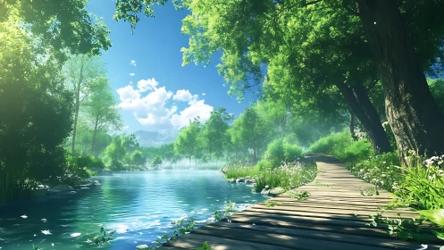 Sunlit riverside path inviting a slow, peaceful wander.