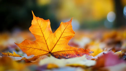 Macro optical study of sunlit maple leaf on defocused ground.