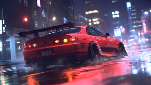 Neon-soaked tuner coupe in cinematic night street composition.