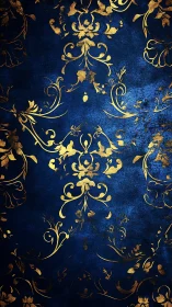 Golden floral scrolls on deep blue textured background.