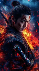 Blazing samurai carves silence through storms of burning embers