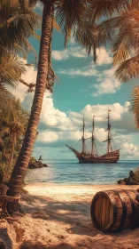 Sailing Ship Anchored Off Palm-Lined Beach