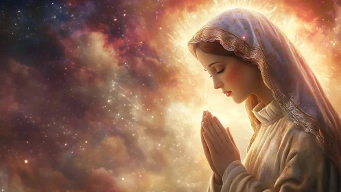 Star-kissed praying maiden crowned in radiant cosmic hush.