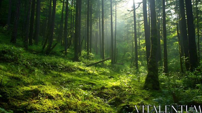 Dense Green Forest with Sunlight Through Trees