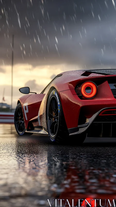 Red supercar in rain-soaked racetrack reflections at dusk.