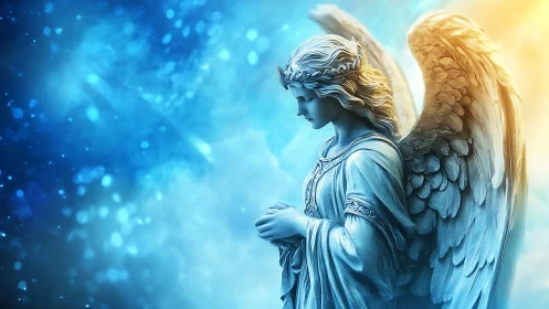 Celestial stone angel in bokeh blue and gold illumination.