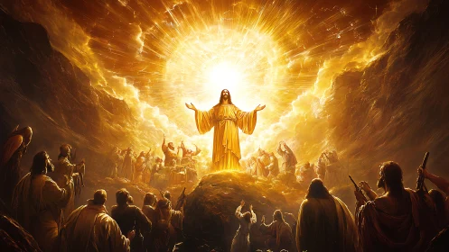 Radiant messianic figure ascends toward blazing celestial light