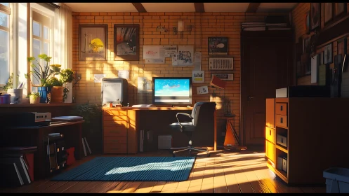 Sunlit brick-walled home office with computer workstation.