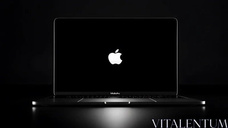 Sleek Apple laptop on dark desk with glowing screen logo.