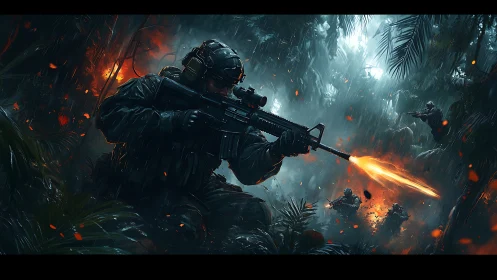 Intense jungle firefight unfolds in a rain soaked night ambush