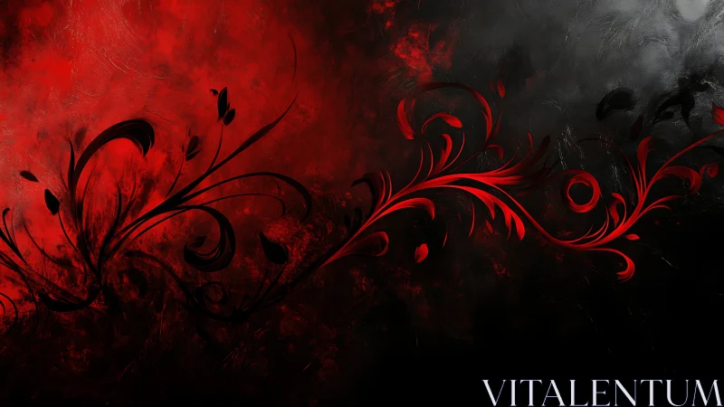 Crimson floral swirls dance across deep red and shadowed black
