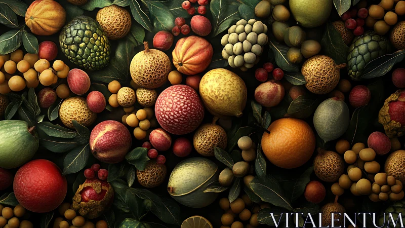 Riotous fantasy fruits tumble across shadowed jungle leaves