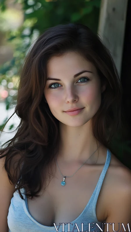 Natural light portrait of woman in soft outdoor setting.