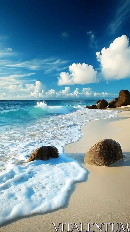 Foam-kissed shoreline under a boundless sapphire sky dream.