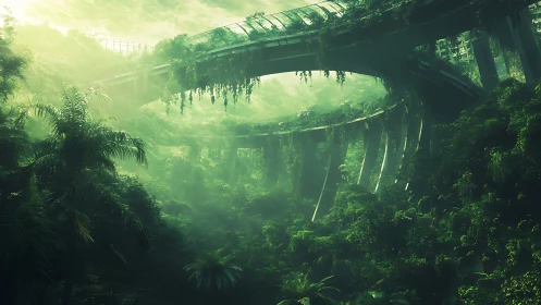 Overgrown skyway cuts through dense posthuman jungle