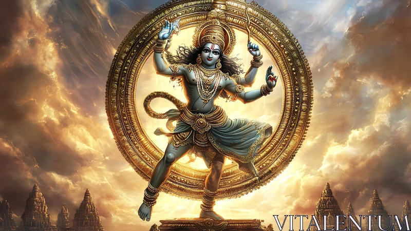 Divine cosmic dancer in radiant golden mandala ringed light.