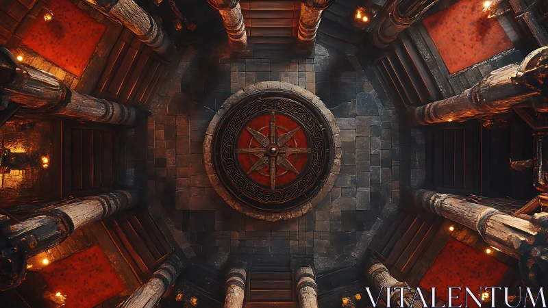 Ancient circular hall with stone compass centerpiece.