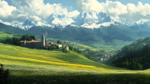 Sunlit monastery above lush valley and alpine ranges.