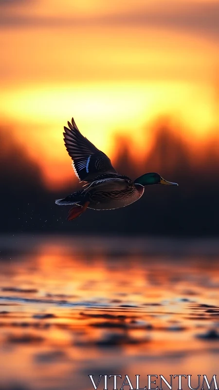 Mallard drake skims molten sunset water in sharp flight.
