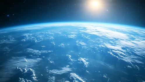 Curved Earth horizon with sunlit clouds viewed from space