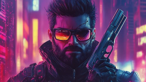 Neon vigilante with chrome pistol in synthwave night haze.