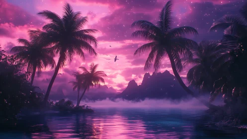 Neon Tropical Paradise: Magenta Sunset Over Palms.