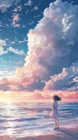 Girl at tranquil shoreline watches towering sunset clouds