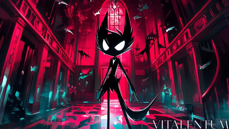 Shadowy cat-like figure stalks a neon haunted cathedral