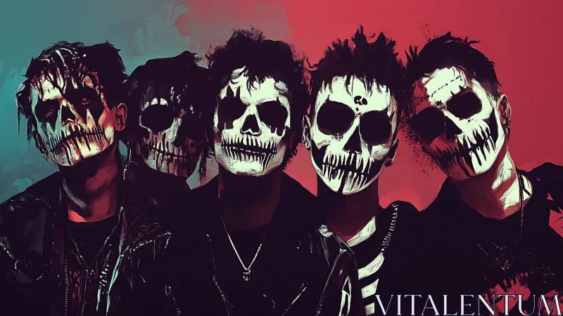 Five figures with skull face paint stand before split-color backdrop