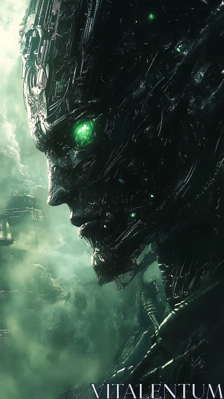 Cybernetic titan profile with glowing emerald core gaze.