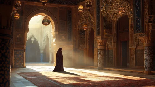 Solitary robed figure contemplates light in ornate mosque hall