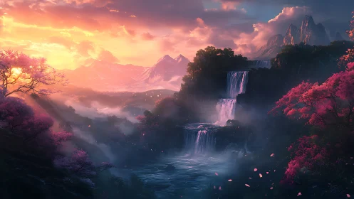 Sunset cascades pour through a misty cherry blossom valley.