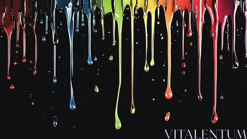 Photorealistic vertical drips of multicolor glossy paint on black.